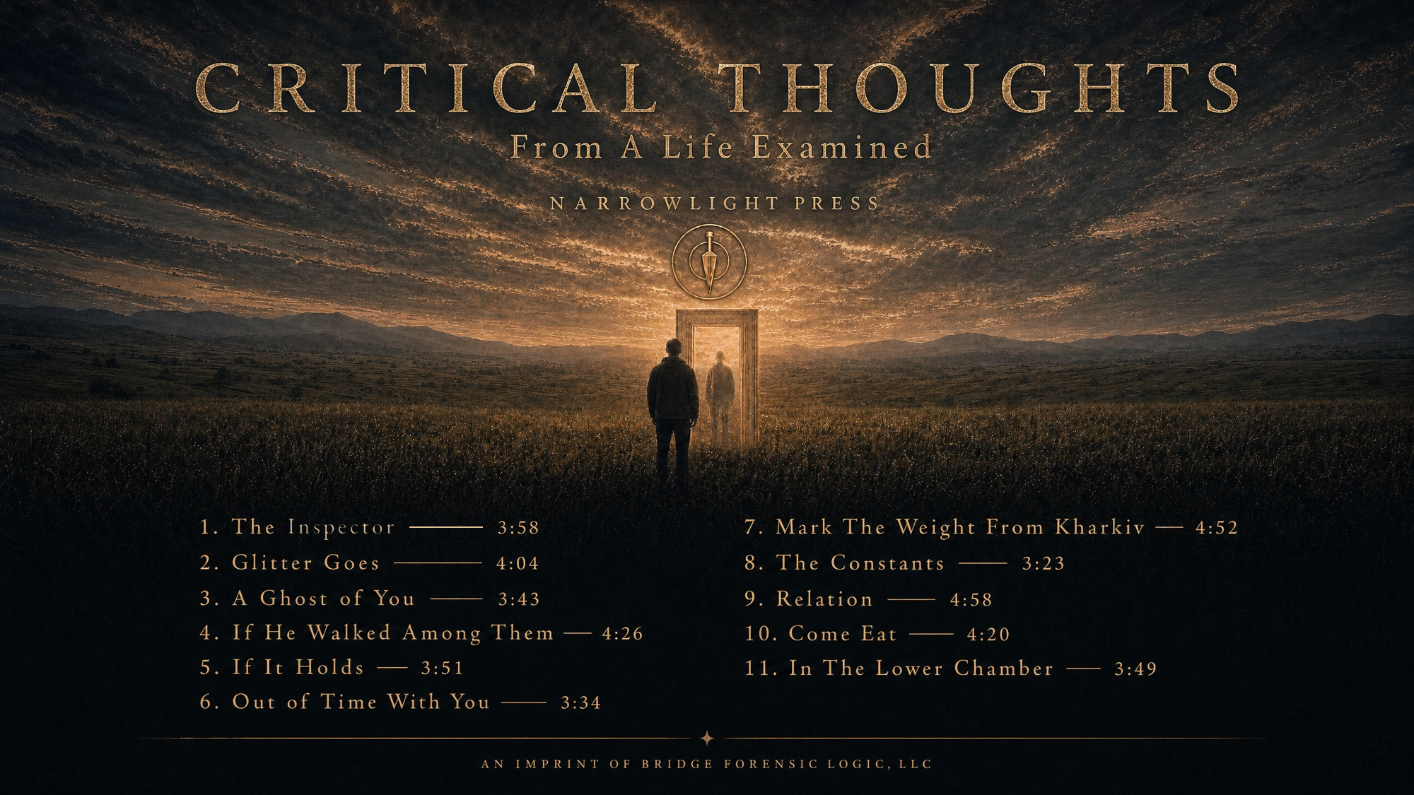 Critical Thoughts: From A Life Examined — Narrowlight Press album artwork: a figure standing in a dark meadow before a lit doorway, beneath the plumb.