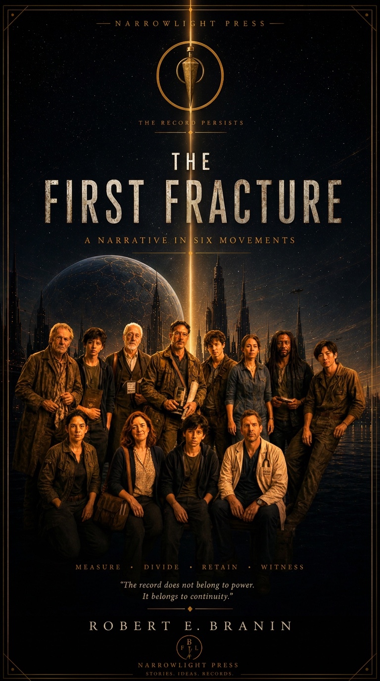 The First Fracture, a narrative in six movements by Robert E. Branin — Narrowlight Press cover artwork: the ensemble cast assembled before a fractured city skyline beneath a suspended plumb bob.